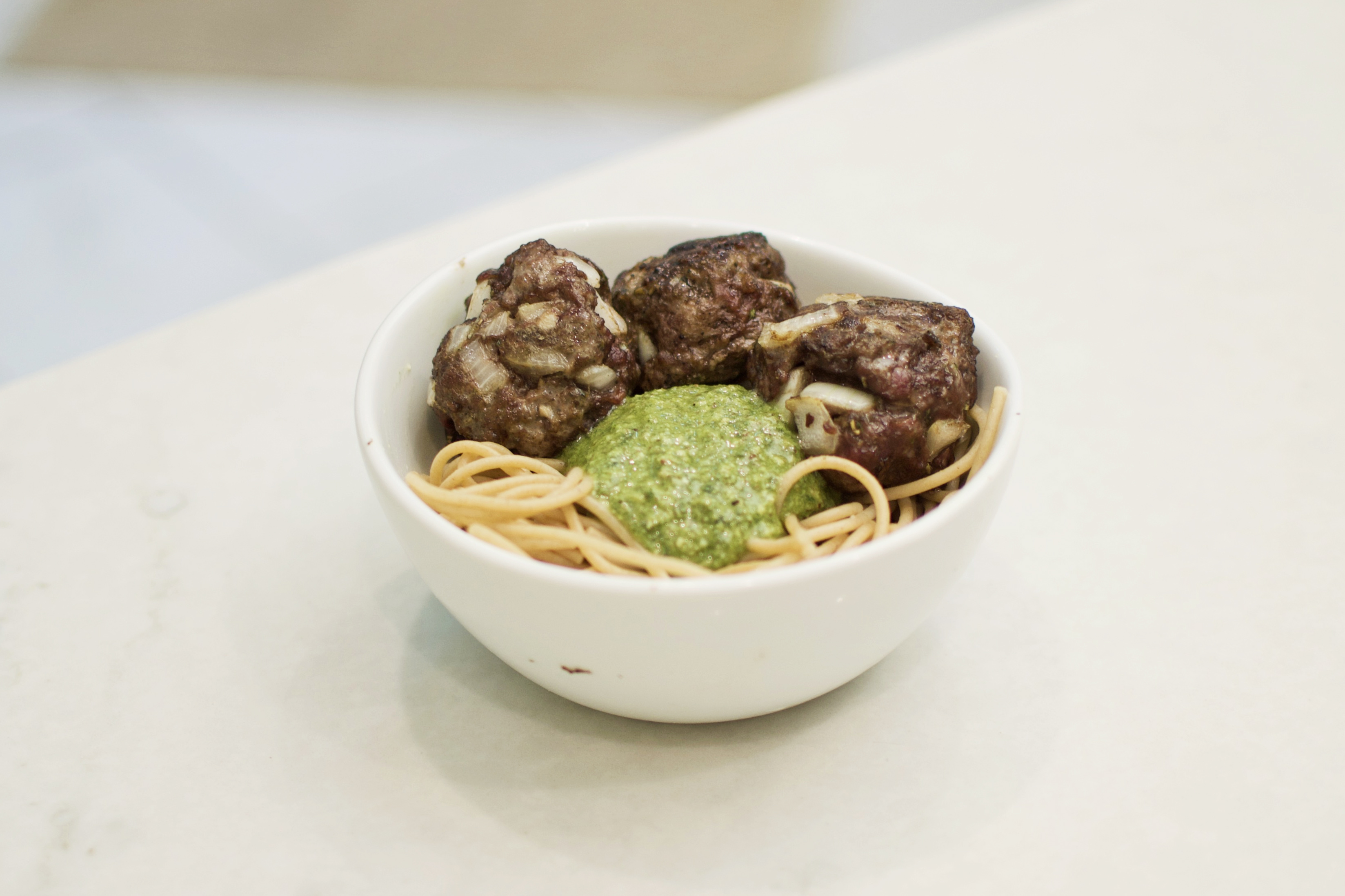 meatballs, pesto, pasta, side view