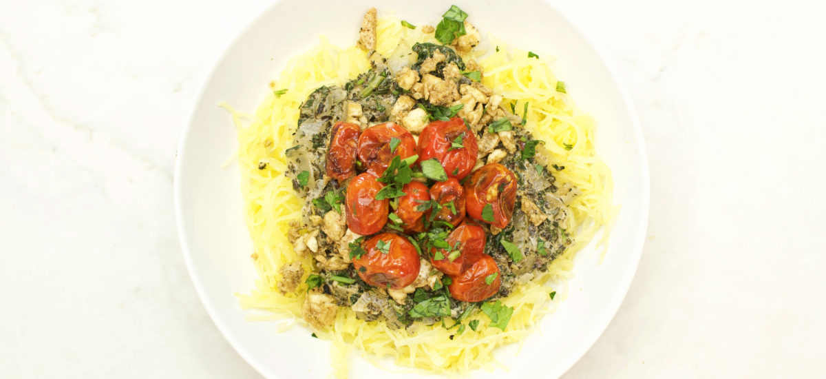 Italian herb spaghetti squash with blistered tomatoes, top view