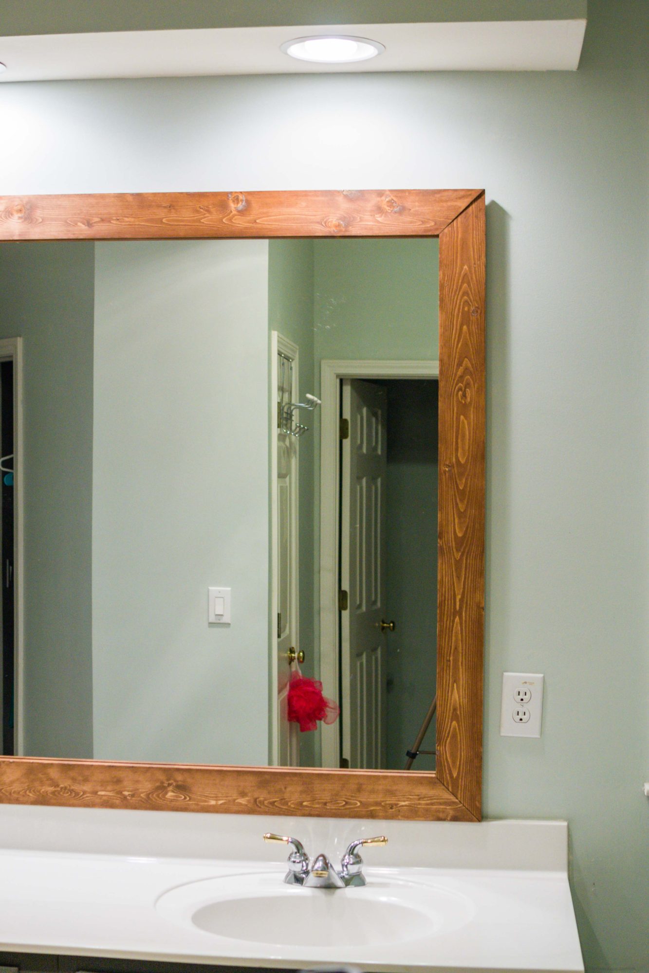 How To Diy Upgrade Your Bathroom Mirror With A Stained Wood Frame Building Our Rez 7088