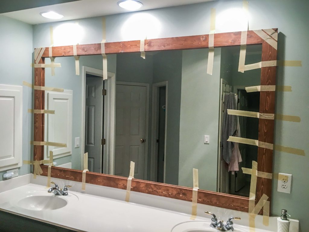 How To Diy Upgrade Your Bathroom Mirror With A Stained Wood Frame Building Our Rez 