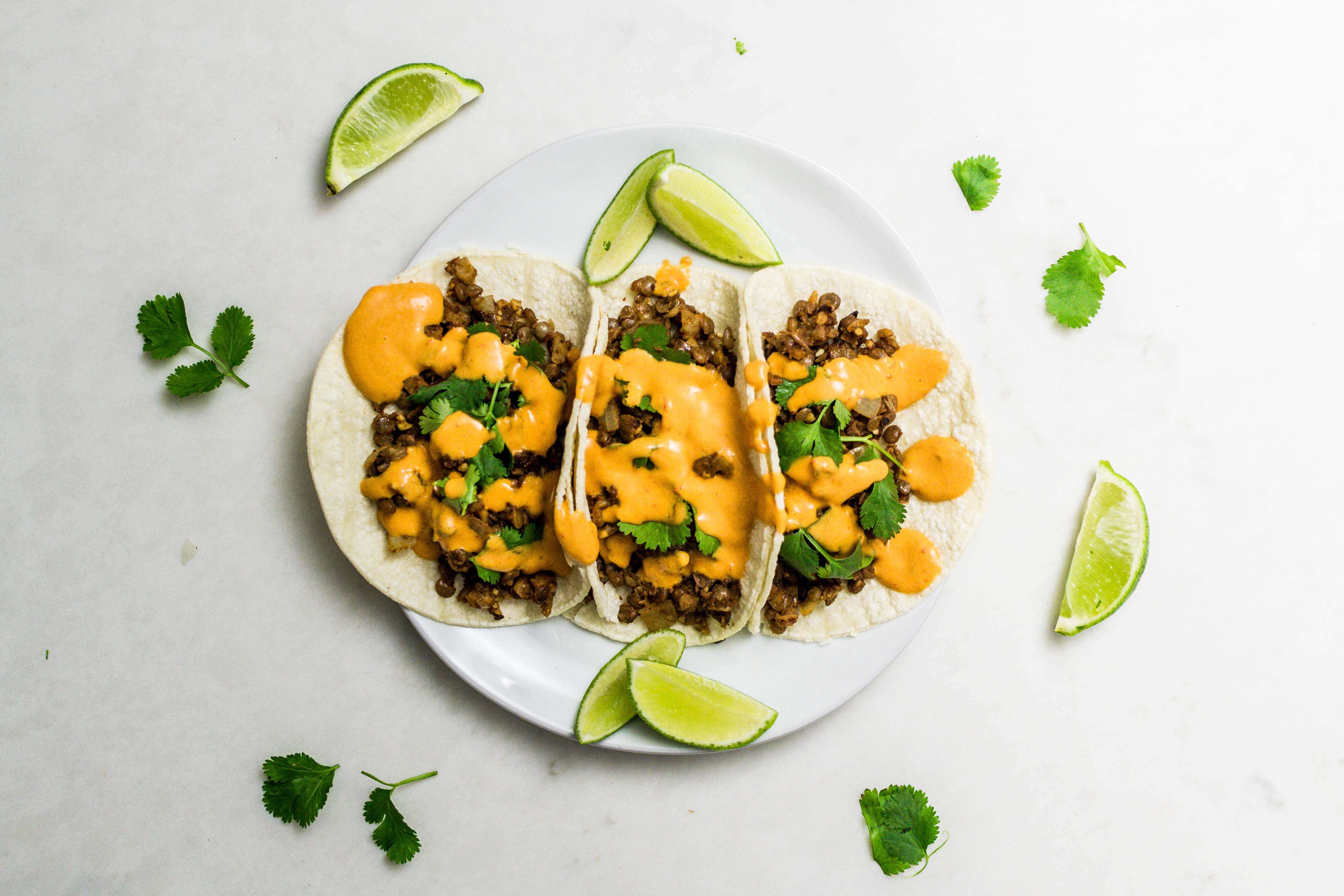 Lentil and Walnut Tacos with Creamy Chipotle Sauce Recipe (Vegan, Meatless Monday)